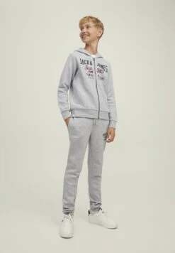 Jack & Jones Junior Jjelogo - Sweater Met Rits - Light Grey Melange/Print Nb/Rhododendron